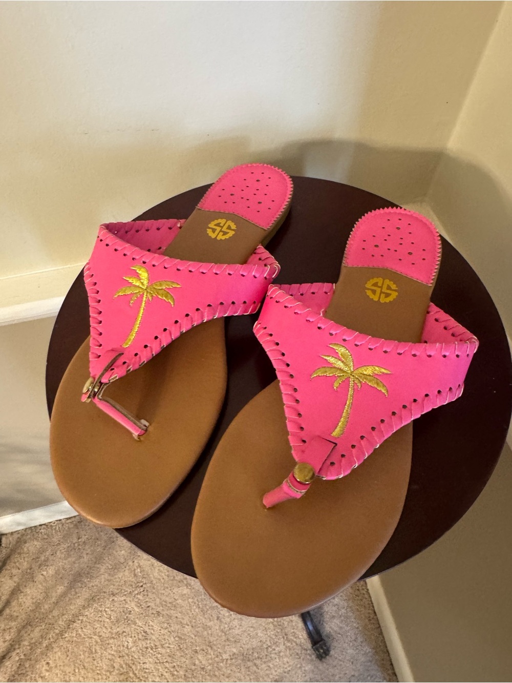 Simply Southern Hot Pink Palm-Embroidered Thong Sandals